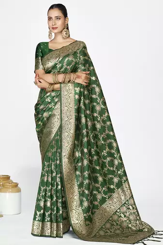 Emerald green banarasi art silk saree with rich golden zari weaving