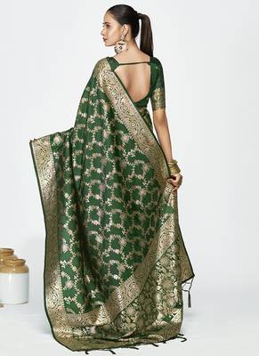 Emerald green banarasi art silk saree with rich golden zari weaving 2