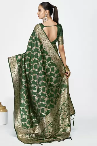 Emerald green banarasi art silk saree with rich golden zari weaving