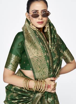 Emerald green banarasi art silk saree with rich golden zari weaving 3