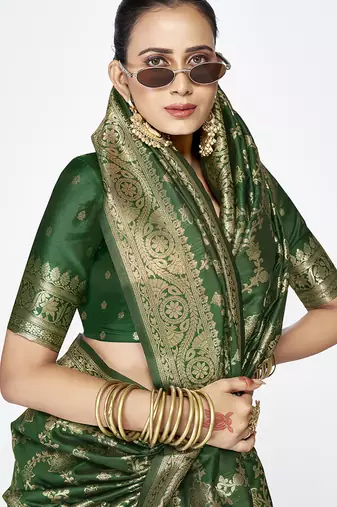 Emerald green banarasi art silk saree with rich golden zari weaving