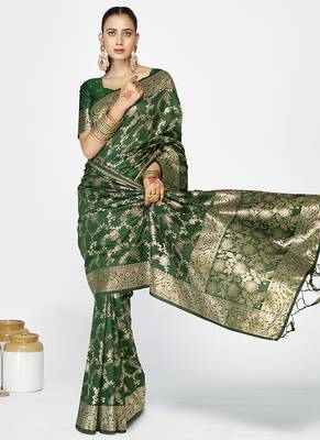 Emerald green banarasi art silk saree with rich golden zari weaving 4