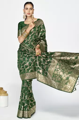 Emerald green banarasi art silk saree with rich golden zari weaving