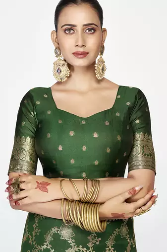 Emerald green banarasi art silk saree with rich golden zari weaving