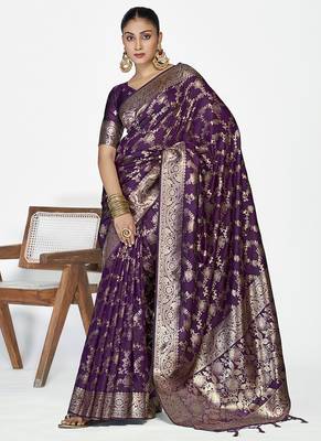 Plum purple banarasi art silk saree with traditional floral zari pattern 1