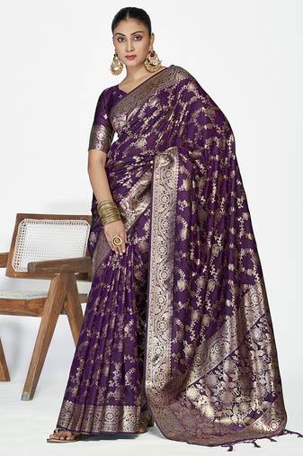 Plum purple banarasi art silk saree with traditional floral zari pattern