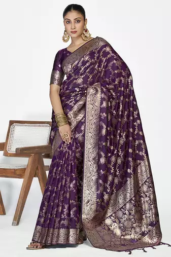 Plum purple banarasi art silk saree with traditional floral zari pattern