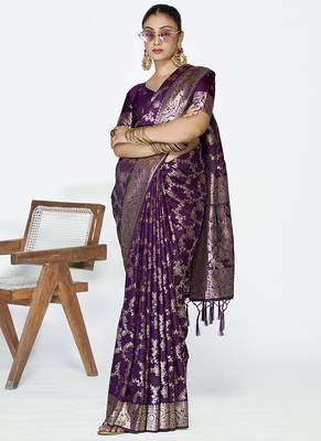 Plum purple banarasi art silk saree with traditional floral zari pattern 2