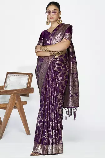 Plum purple banarasi art silk saree with traditional floral zari pattern