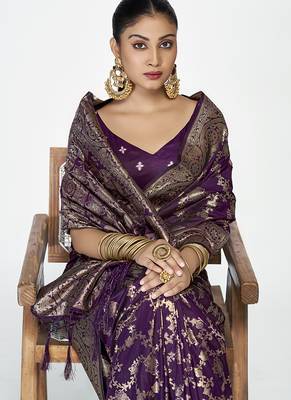 Plum purple banarasi art silk saree with traditional floral zari pattern 3