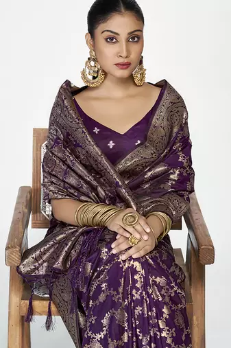 Plum purple banarasi art silk saree with traditional floral zari pattern