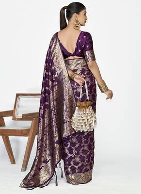 Plum purple banarasi art silk saree with traditional floral zari pattern 4