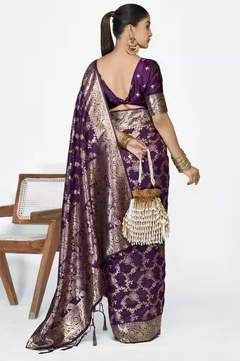 Plum purple banarasi art silk saree with traditional floral zari pattern