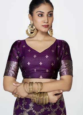 Plum purple banarasi art silk saree with traditional floral zari pattern 5