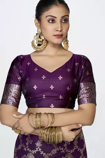 Plum purple banarasi art silk saree with traditional floral zari pattern