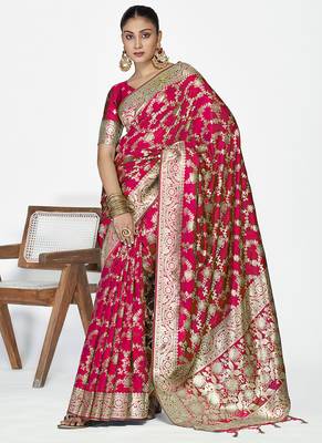 Rani pink banarasi soft art silk saree with heavy golden jaal weaving 1