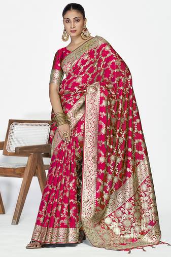 Rani pink banarasi soft art silk saree with heavy golden jaal weaving