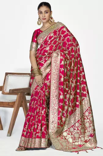 Rani pink banarasi soft art silk saree with heavy golden jaal weaving