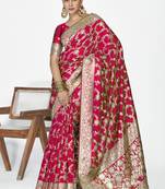 Rani pink banarasi soft art silk saree with heavy golden jaal weaving