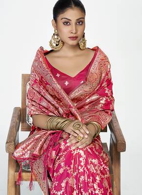 Rani pink banarasi soft art silk saree with heavy golden jaal weaving 2