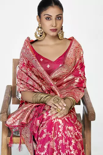Rani pink banarasi soft art silk saree with heavy golden jaal weaving