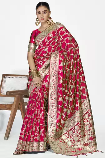 Rani pink banarasi soft art silk saree with heavy golden jaal weaving