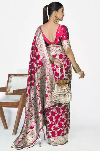 Rani pink banarasi soft art silk saree with heavy golden jaal weaving