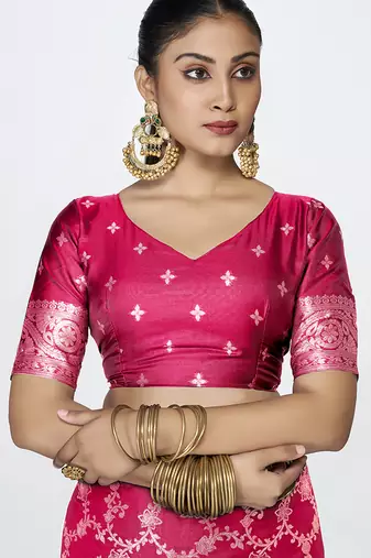 Rani pink banarasi soft art silk saree with heavy golden jaal weaving