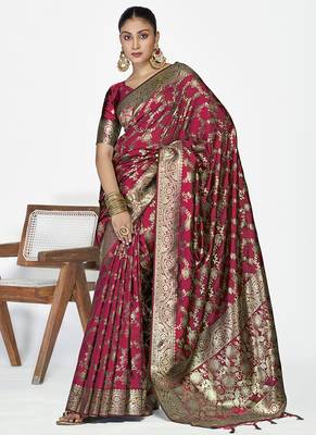Wine red banarasi art silk saree with antique golden zari work 1