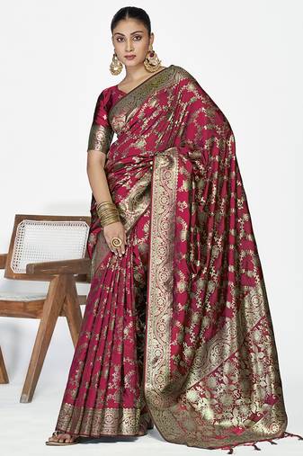 Wine red banarasi art silk saree with antique golden zari work