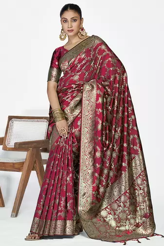Wine red banarasi art silk saree with antique golden zari work