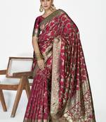 Wine red banarasi art silk saree with antique golden zari work