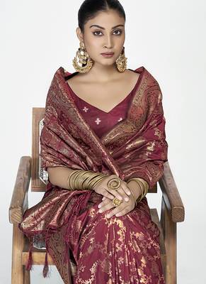Wine red banarasi art silk saree with antique golden zari work 2
