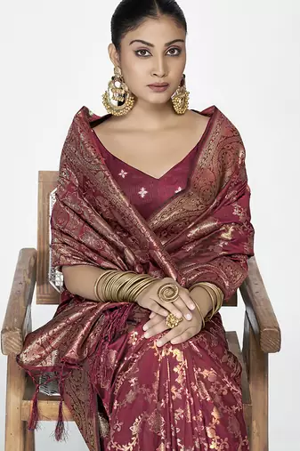 Wine red banarasi art silk saree with antique golden zari work