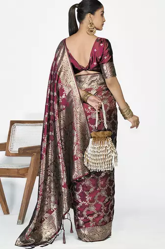 Wine red banarasi art silk saree with antique golden zari work