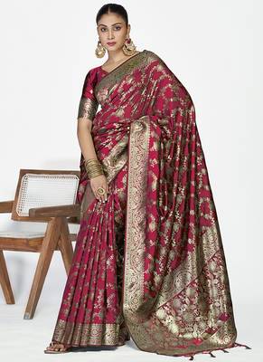 Wine red banarasi art silk saree with antique golden zari work 4