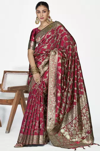 Wine red banarasi art silk saree with antique golden zari work