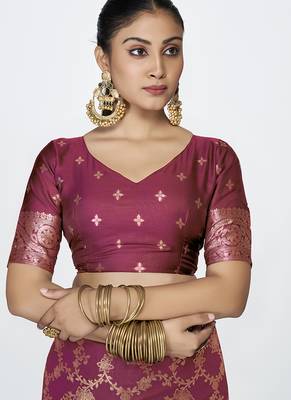 Wine red banarasi art silk saree with antique golden zari work 5