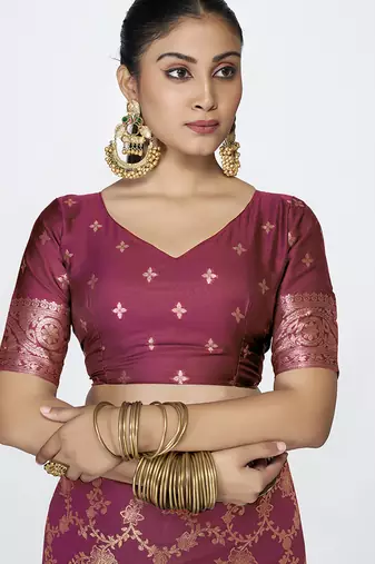 Wine red banarasi art silk saree with antique golden zari work