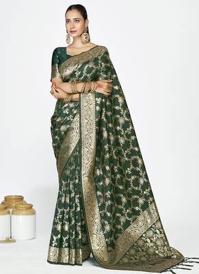 Bottle green banarasi art silk saree with elegant zari border 1