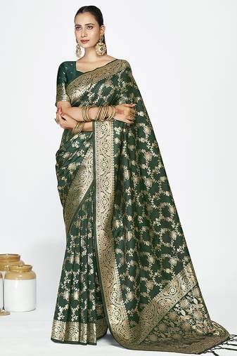 Bottle green banarasi art silk saree with elegant zari border