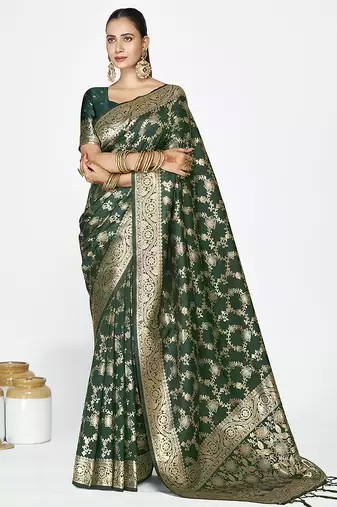 Bottle green banarasi art silk saree with elegant zari border
