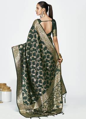 Bottle green banarasi art silk saree with elegant zari border 2