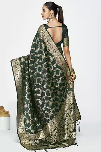 Bottle green banarasi art silk saree with elegant zari border