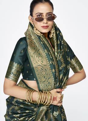 Bottle green banarasi art silk saree with elegant zari border 3