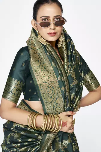 Bottle green banarasi art silk saree with elegant zari border