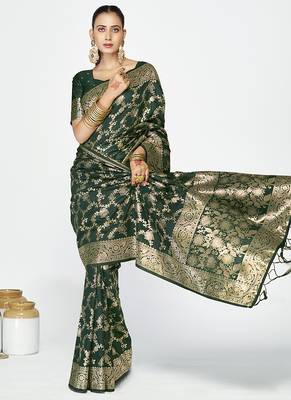Bottle green banarasi art silk saree with elegant zari border 4