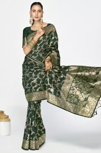 Bottle green banarasi art silk saree with elegant zari border