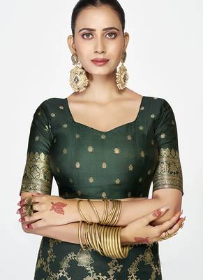 Bottle green banarasi art silk saree with elegant zari border 5