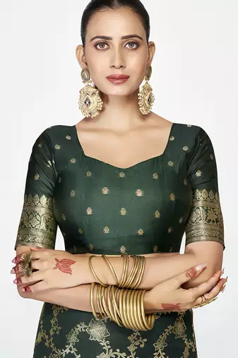 Bottle green banarasi art silk saree with elegant zari border